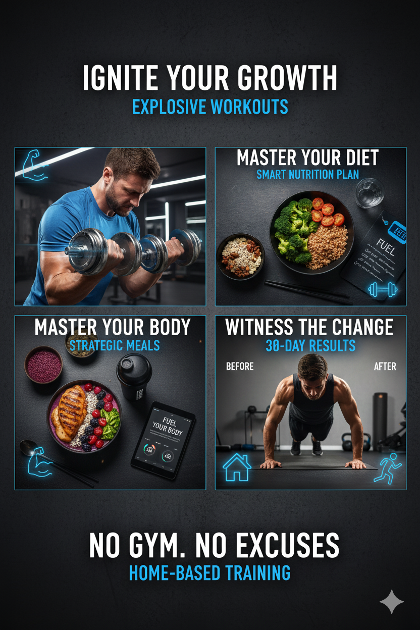 Four panels highlight the 30-Day Bulking Plan: Beginner’s Muscle Guide—showing weightlifting, protein-rich meals, muscle-building tools, and a push-up transformation for powerful home workouts, simple meal plans, and fast results.