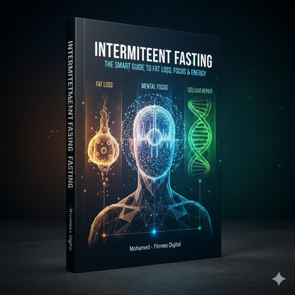 The book "Intermittent Fasting" features cover illustrations of a human head, DNA strand, and text highlighting fat loss, mental clarity, and cellular repair.