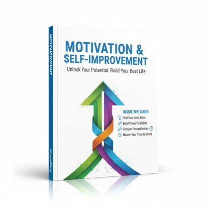 The book MOTIVATION SELFIMPROVEMENT IN 20 DAYS features colorful upward arrows and offers tips on self-motivation, habit building, overcoming procrastination, and increasing productivity.