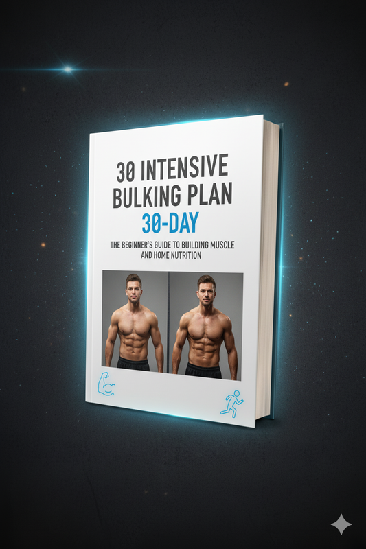 3D book cover of "30-Day Bulking Plan: Beginner’s Muscle Guide" shows two shirtless, muscular men side by side, with dumbbell and fork icons emphasizing home workouts and nutrition.