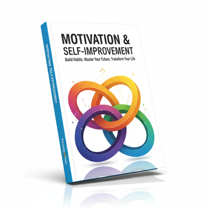 MOTIVATION SELFIMPROVEMENT IN 20 DAYS, featuring colorful interlocking rings on a white cover, offers practical strategies for personal growth with the subtitle Build Habits. Master Your Future. Transform Your Life.