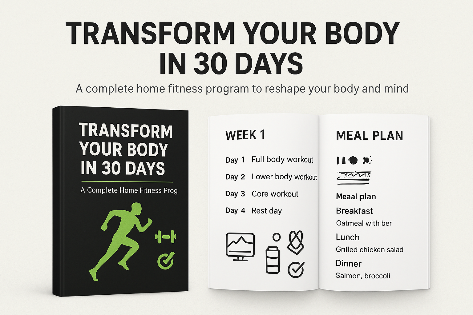 Image of the fitness book "Transform Your Body in 30 Days" alongside an open page with a 30-day home workout and meal plan, both tailored for effective body transformation without the need for equipment.