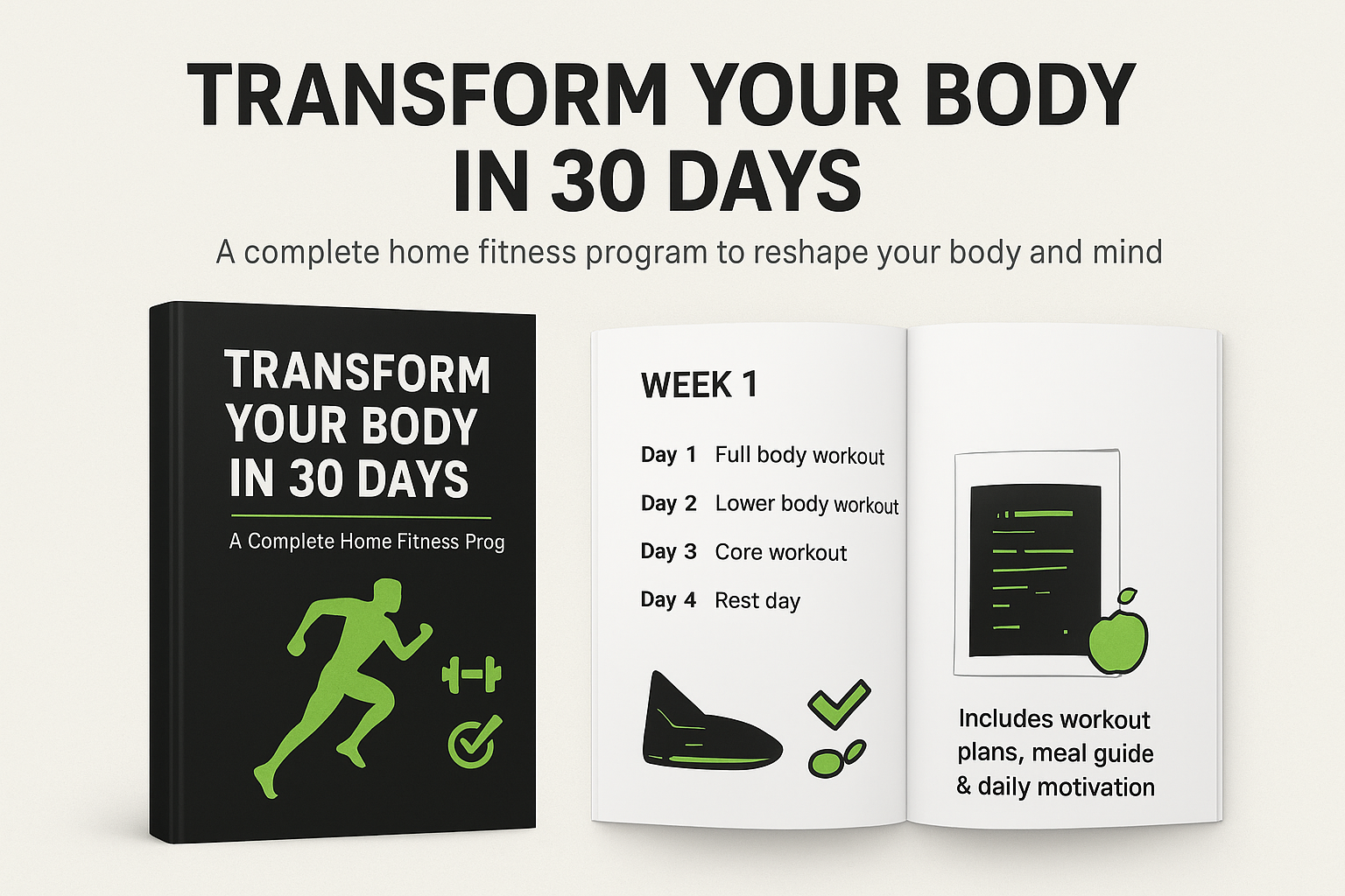 An image of the book "Transform Your Body in 30 Days," featuring a running figure, dumbbell, and clock graphic. The open page shows a 30-day home workout plan needing no equipment, with checklist and apple illustrations.
