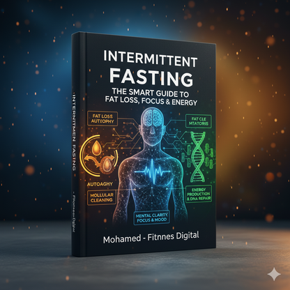 The book "Intermittent fasting" by Mohamed - Fitnes Digital stands upright, showcasing a dark cover with human outlines and colorful health graphics, emphasizing the benefits of fat loss and improved mental clarity.