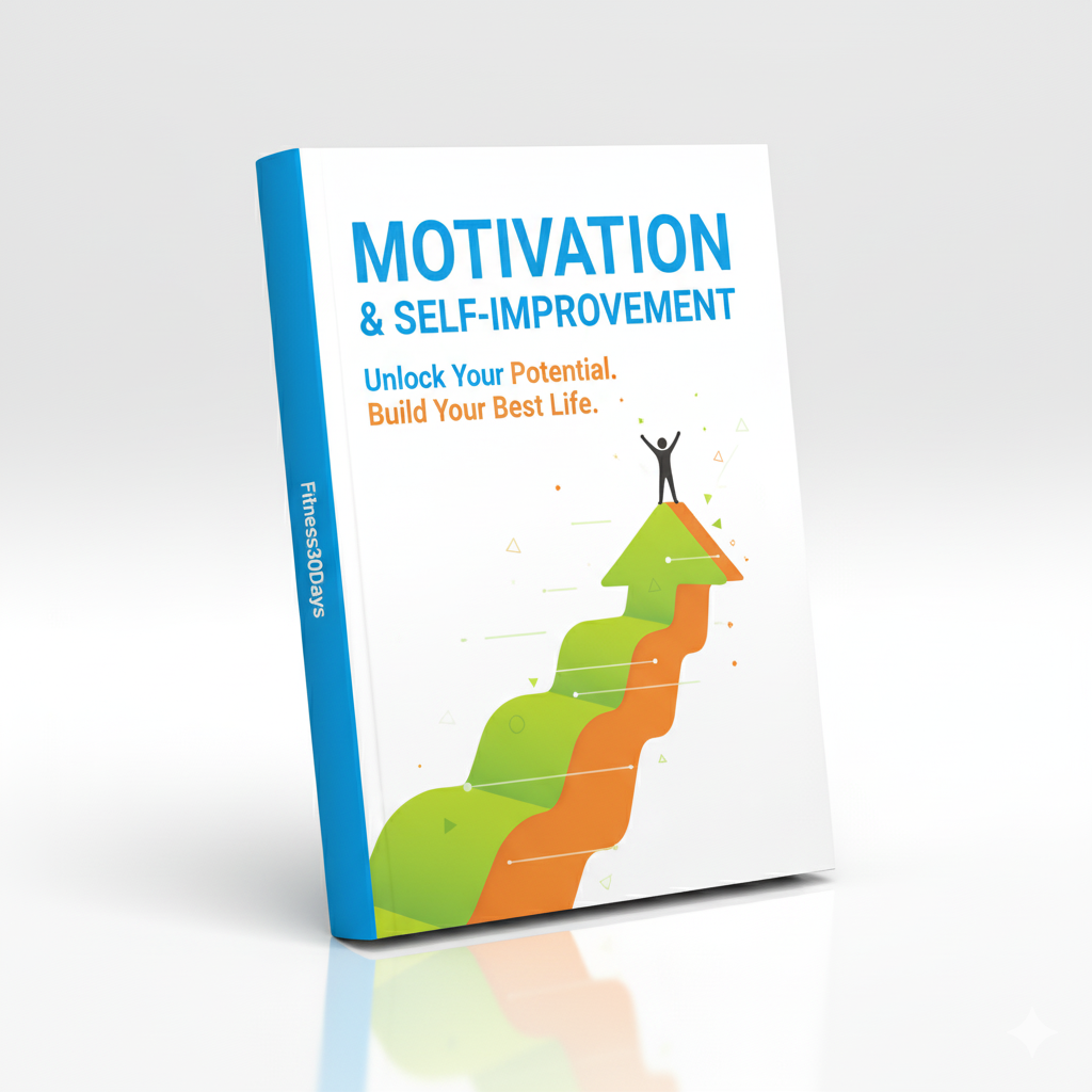 A book titled MOTIVATION SELFIMPROVEMENT IN 20 DAYS features a cover with a person celebrating atop a green arrow-shaped path, symbolizing personal growth and motivation on the journey to productivity.